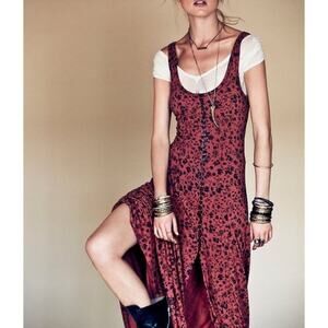 Free People Gold Coast Maxi Dress Tank Front Button Copper Floral Grunge Sz S